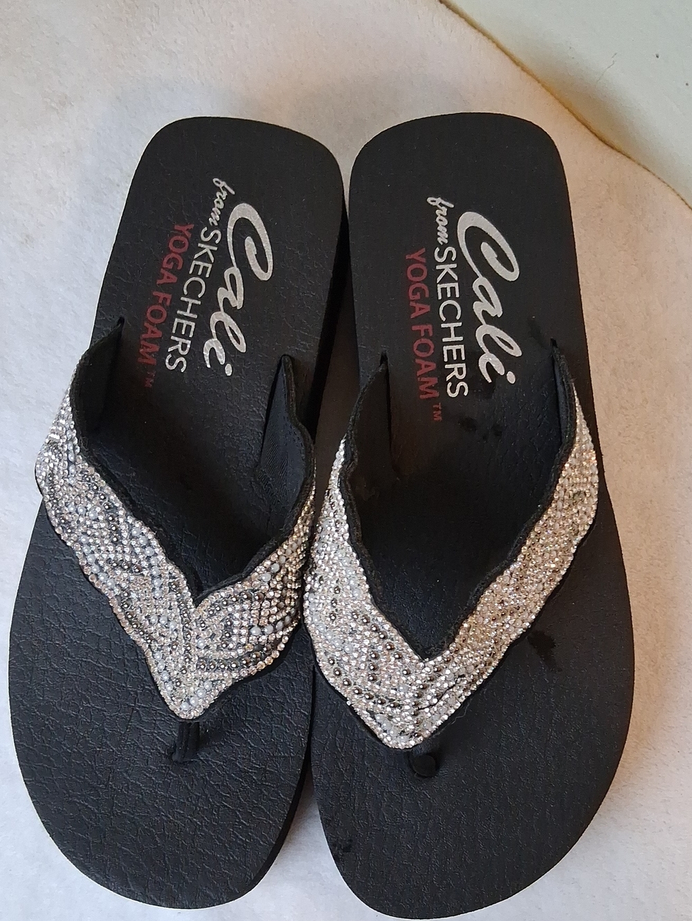 Skechers Black Flip Flops with Silver Beaded Straps